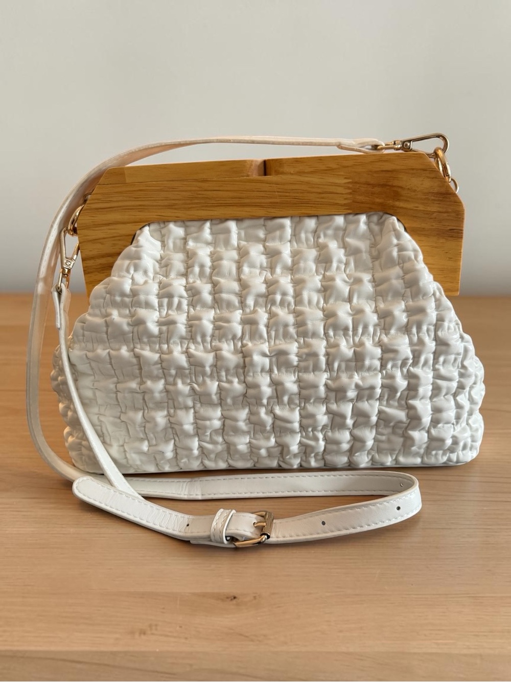 White Woven Crossbody Bag with Wooden Frame